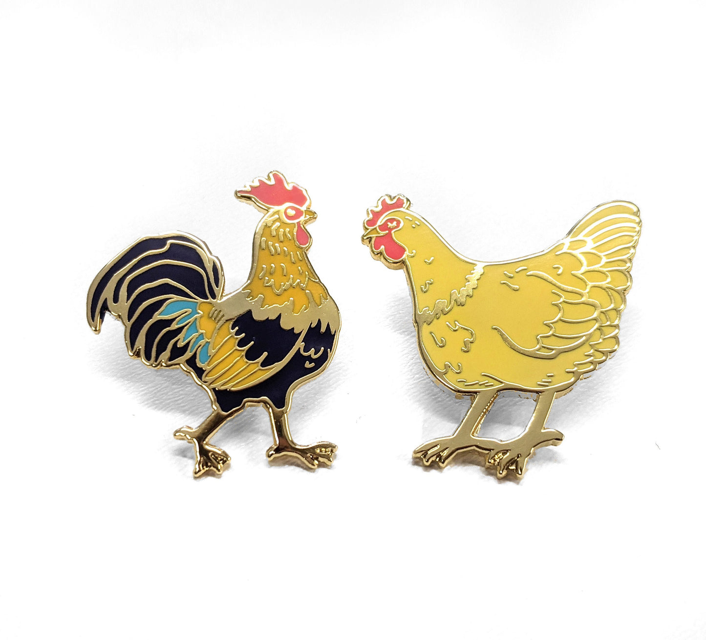 Rooster & Chicken Pair- 2 hard enamel Pins in Gold